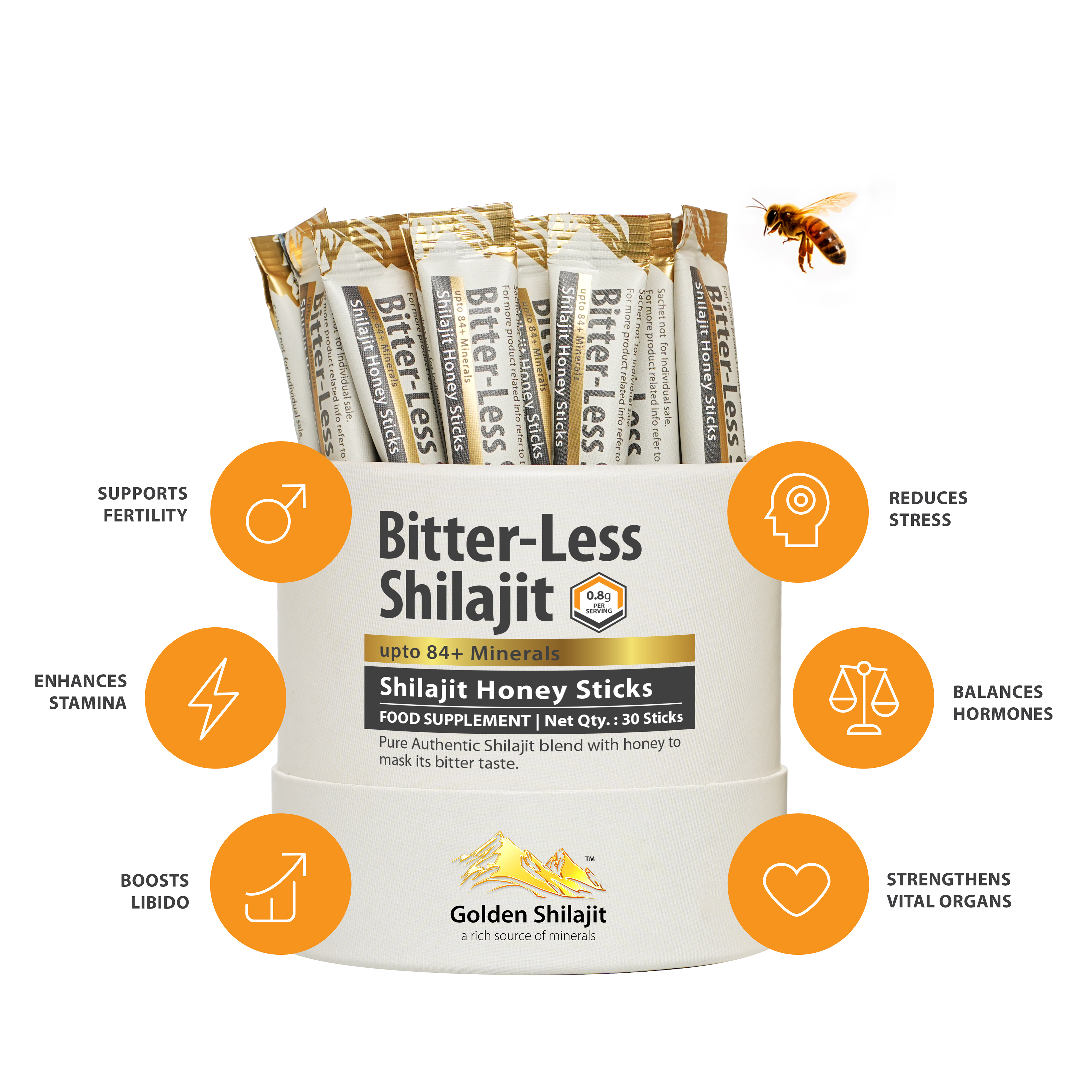 Golden Shilajit Bitter-Less Honey Sticks 30 x 8g | Himalayan Shilajit with raw honey & saffron | Shilajit Original Himalayan | For adults & families | Laboratory tested | 84+ minerals