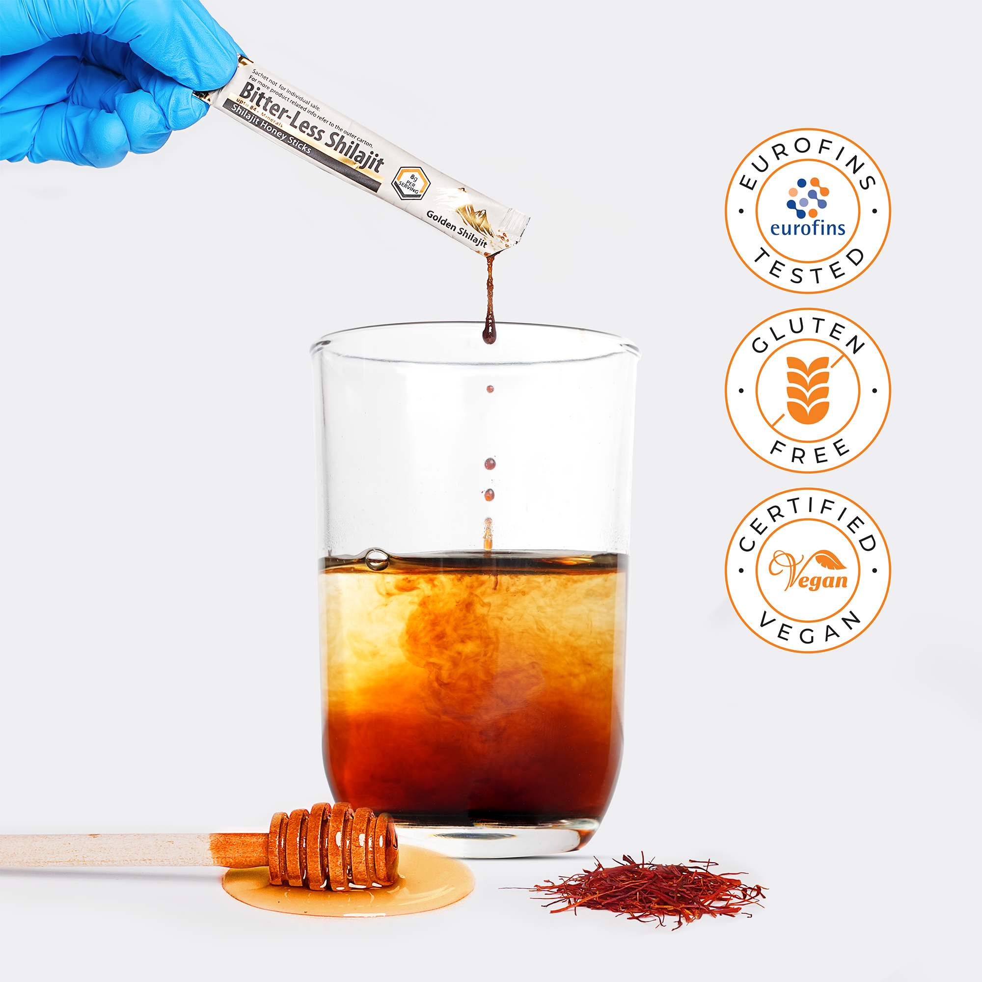 Golden Shilajit Bitter-Less Honey Sticks 30 x 8g | Himalayan Shilajit with raw honey & saffron | Shilajit Original Himalayan | For adults & families | Laboratory tested | 84+ minerals